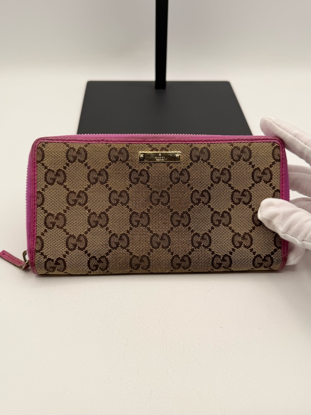 Gucci Monogram Pink trim Zip Around Wallet